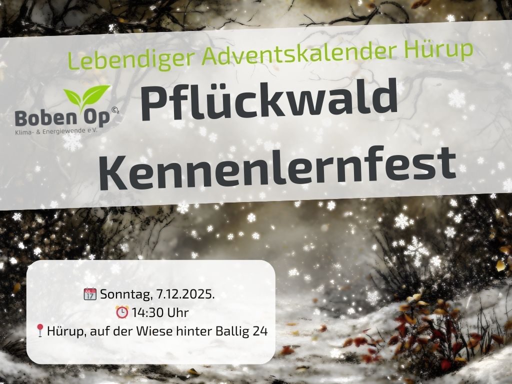 Ein Infofild für das Kennenlernevent in Hürup. Unten links stehen die wichtigen Informationen: es findet am 7.12. um 14 Uhr statt. Der Ort ist in Hürup, auf der Wiese hinter dem Haus in der Straße Ballig, mit der Hausnummer 24.